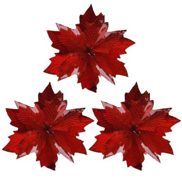 Imagem de Kit 3 Flores Bico De Papagaio Natalino Pick Recort Veludo Vermelho Glitter Luxo 28cm