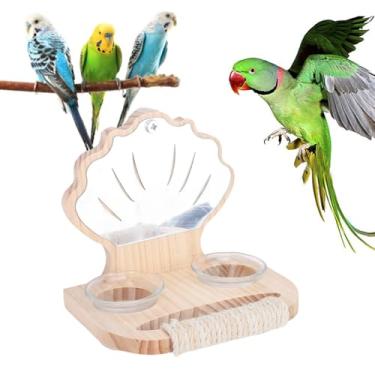 Imagem de Pssopp Bird Cage Pendurado Alimentador, Espelho e Alimentador Combo Design Estável Suporte de Madeira Papagaios Alimentação Bowl Fun Play Toy para Pet Shop