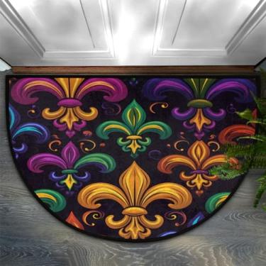 Imagem de YPPAHHHH Tapete de porta colorido Mardi Gras Fleur De Lis meio redondo, capacho antiderrapante, caminho de entrada de boas-vindas, semicírculo, tapete lavável, meia lua, tapete de área para ambientes