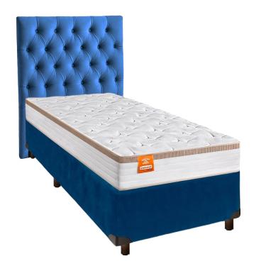 Imagem de Cama + Box Azul e Colchão Molas Ensacadas Solteiro - Isis Real Inducol + Cabeceira