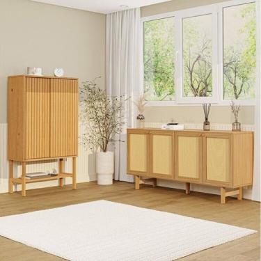 Imagem de Kit Balcão 4 Portas Rattan com Cristaleira Porta Ripada Magna CabeCasa