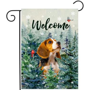 Imagem de Welcome Winter Garden Flags Beagle Garden Flag Cardinal Birds on Snowy Pine Tree Flag Dog Yard Flags for Outside 12x18 Dupla Face Decoração de Natal