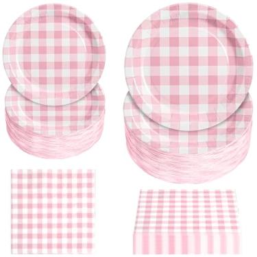 Imagem de Conjunto de pratos e guardanapos de papel de guingão rosa, 180 peças, para decoração de festa de aniversário, dia de jogo, família, escola, férias, eventos esportivos
