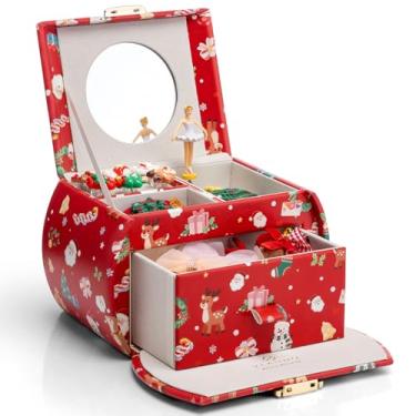 Imagem de Vlando Caixa de joias musical infantil para meninas com gaveta, caixa de música com bailarina e adesivos para decoração de quarto de aniversário, presentes de Natal para meninas - vermelho natalino
