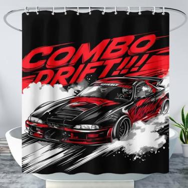 Imagem de AILONEN Cortina de chuveiro de carro de corrida para meninos, cortina de esportes radicais vermelha e preta 152 cm L x 183 cm A, poliéster impermeável, tema Speed Car com ganchos