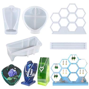 Imagem de Woohome Molde de prateleira de resina de joias de 4 peças, molde de suporte de exibição de colar tridimensional hexagonal, suporte de exibição de brincos moldes de silicone para brinco, colar, anel,
