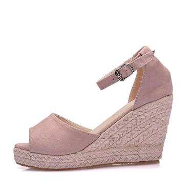 Imagem de Bigfanshu Sandálias femininas de salto alto de palha de 9 cm estilo boêmio boca de peixe tamanho pequeno sapato conforto conciso, Rosa, 36 BR