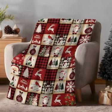 Imagem de Cobertor de lã de Papai Noel de Natal, cobertor de flanela macio e aconchegante para sofá-cama, sofá, acampamento, alce de neve de inverno, xadrez vermelho retrô para todas as estações, use cobertores