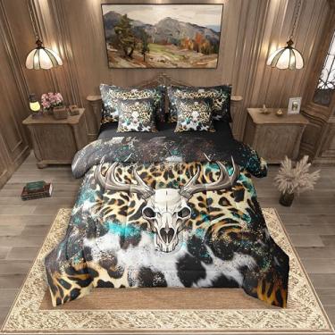 Imagem de Erosebridal Jogo de lençol solteiro com estampa de vaca e leopardo, 7 peças, para adultos, homens e mulheres, guepardo asteca rústica, branco, azul-petróleo, edredom leve