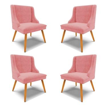 Imagem de Kit 4 Cadeiras Decorativas Sala De Jantar Pés Palito De Madeira Firenze Suede Rosê/natural G19