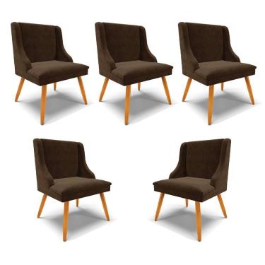 Imagem de Kit 5 Cadeiras Decorativas Sala De Jantar Pés Palito De Madeira Firenze Suede Marrom/natural G19 - Gran Belo