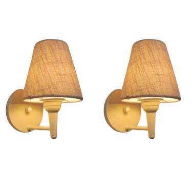 Imagem de Kit-2 Arandela Cone Md-2004 Base Branco Cúpula Em Tecido 14-14x07cm Rustico Bege - Bivolt