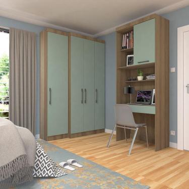 Imagem de Quarto Home Office Com Guarda Roupas E Bancada De Estudos Paris Luciane Móveis Avelã Pf Com Verde Pf