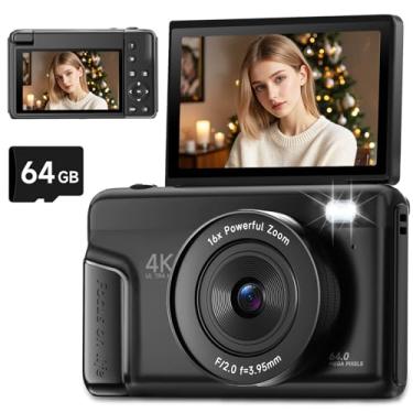 Imagem de Câmera digital 4K para fotografia, câmera vlogging de 64 MP com foco automático para YouTube com tela flip de 3 polegadas 180°, câmera compacta de ponto de viagem e disparo com zoom de 16X com flash