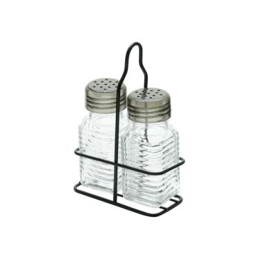 Imagem de Kit Saleiro e Pimenteiro de Vidro 10x4cm C/Suporte de Metal Preto 14x9cm Lyor