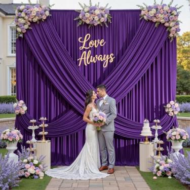 Imagem de Cortina de fundo roxa sem vincos de 5 × 3 m para festas de casamento, 4 painéis de 1,5 x 3 m de comprimento, cortinas de pano de fundo de poliéster sedoso macio para fotos de festa de meninas, pano de