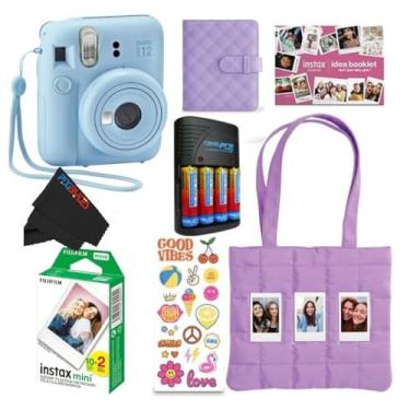 Imagem de FUJIFILM Pacote INSTAX Mini 12 Holiday 2025 | com mini filme Instax extra + pacote com 4 pilhas AA e pano de limpeza de microfibra Pixibytes (20 folhas, azul pastel)