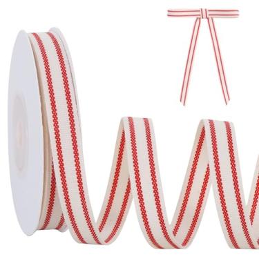 Imagem de TONIFUL Fita listrada vermelha 9,5 cm x 10 metros fita de algodão natural para embrulho de presente, projeto de artesanato, decoração de casa, buquê floral, casamento, dia dos namorados e decoração de