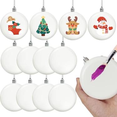 Imagem de 12 peças de enfeites de Natal DIY de 9,9 cm, bolas brancas em branco para artesanato, desenho e adesivos, decorações de pendurar com esfera plana, faça seus próprios enfeites de Natal para festas