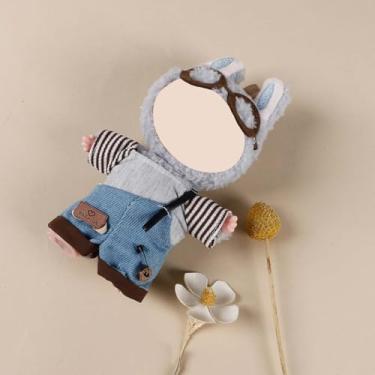 Imagem de Compatível com bonecas de pelúcia Labubu de 15 cm/17 cm (não inclui boneca) – Conjunto de roupa piloto vintage (óculos aviador + blusa listrada + macacão jeans), acessórios para roupas de boneca