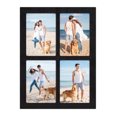 Imagem de YESKAY Colagem de porta-retratos 12 x 18 cm – Moldura preta rústica com 4 aberturas, 13 x 18 cm, várias molduras de colagem de fotos com vidro temperado para montagem em mesa ou parede (pacote com 1)