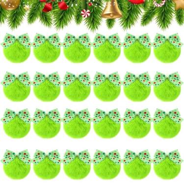 Imagem de Norme Pacote com 24 bolas de Natal peludas, verde-limão, com laço, 10 cm, de pelúcia macia, pompom, pompom, enfeites para decoração de árvore de Natal, decoração de parede de lareira e lareira