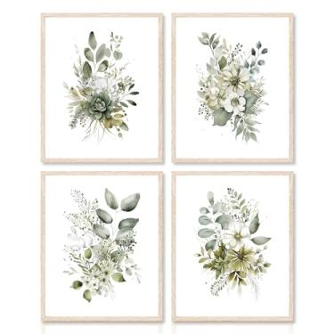 Imagem de Dazzlewall 4 peças de impressões de arte de parede botânicas, impressão de arte em aquarela de folhas verdes boho sálvia, decoração de parede minimalista para quarto, sala de estar, banheiro, 20 x 25