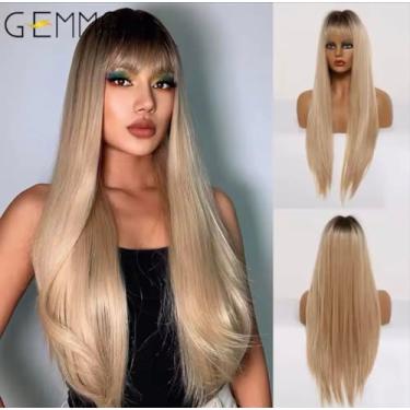 Imagem de GEMMA Peruca Longa Loira com Franja, 63cm, Cabelo Sintético Natural, Resistente ao Calor