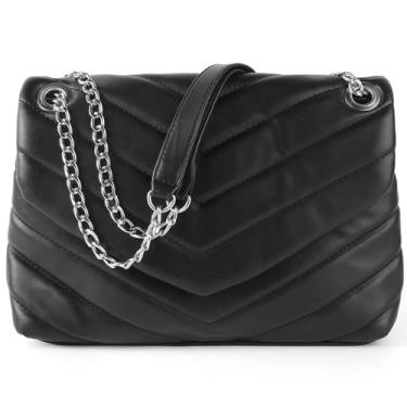 Imagem de Bolsa tiracolo acolchoada para mulheres, bolsas chevron veganas macias, bolsas de ombro modernas com aba (preta/prata)