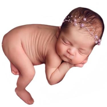 Imagem de Adereços para fotografia de recém-nascidos com pérolas, roupas para bebês, meninas, festas, princesas, posando, fotos, amarrar, acessórios de cabelo (rosa claro)