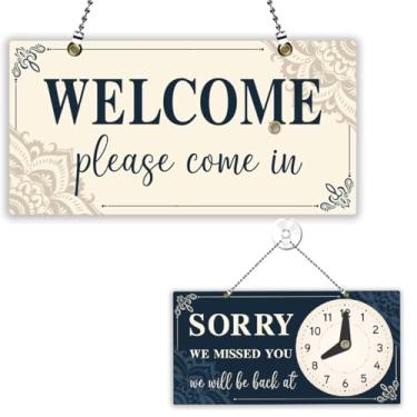Imagem de PLIGREAT Placa aberta de boas-vindas dupla face aberta fechada com relógio Sorry We Missed You Sinais para negócios loja de varejo janela decoração de parede sinais de porta pendurada com corrente