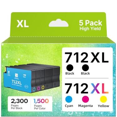Imagem de belietop Cartuchos de tinta 712XL 712 Pacote com 5 cartuchos de alto rendimento para HP 712 XL 712 Ink para impressoras DesignJet T210 T630 T650 T250 T230 Studio Plotter (2 pretas, 1 ciano, 1 magenta