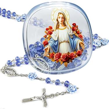 Imagem de PLONKLY Colar de terço feminino - contas de cristal católico com medalha da Virgem Maria e caixa de presente de acrílico, 21 Inches long, Zinco, Sem Pedra Preciosa