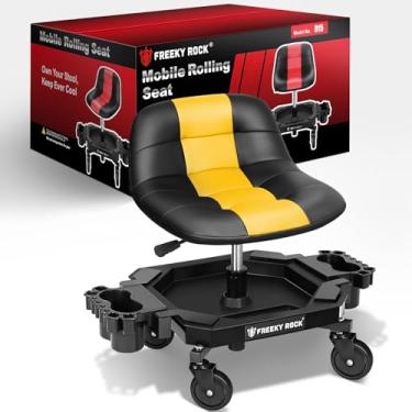 Imagem de FREEKYROCK Banco de rodinhas com rodas, assento de mecânico de garagem pneumático de altura ajustável com encosto, capacidade de 181 kg, cadeira giratória de 360° com bandeja de ferramentas, amarelo