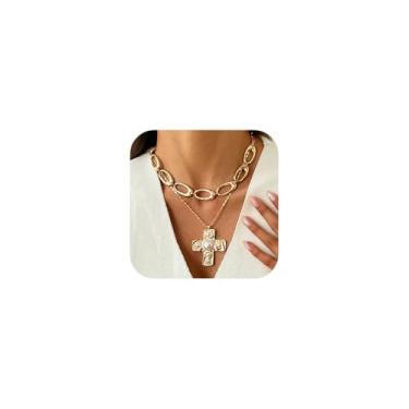 Imagem de Colar grosso de ouro em camadas para mulheres, colar de corrente oval empilhada com pingente geométrico irregular, conjunto de joias punk hip hop, colar retrô ousado presente para aniversário, Natal