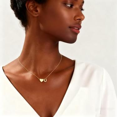 Imagem de Colar de coração banhado a ouro 18K com inicial A-Z, colares delicados de coração, pequenos colares de inicial, presentes de aniversário para mulheres, joias, U, Metal, Sem Pedra Preciosa