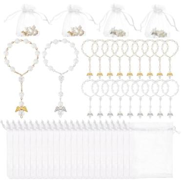 Imagem de GOMAKERER 28 conjuntos de pulseiras de rosário de 2 cores, rosário de batismo de pérolas de imitação de 2 cores com pingentes de anjo e bolsas de presente de organza para presente de festa de batismo