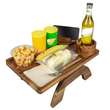 Imagem de Guolich Bandeja de madeira para sofá, barra de lanche, suporte de copo de vinho, mordomo de sofá com bandejas de suporte de telefone de madeira, mesa de bandeja de TV, suporte de copo de sofá