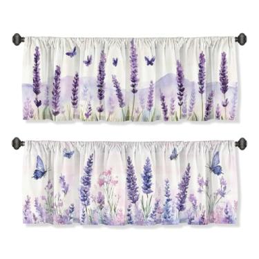 Imagem de AWJJPO Saia de cortina borboleta lavanda para janelas, pacote com 2, aquarela roxa xadrez, bolso para varão, decorativo, para cozinha, banheiro, quarto, sala de estar, 137 x 45 cm