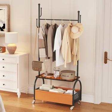 Imagem de PlushVibes Cabideiro preto independente – Suporte para roupas pequeno com rodas e prateleira de armazenamento e 4 ganchos, suporte de cabide resistente para quarto, entrada, corredor, sala de estar