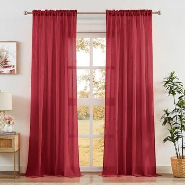 Imagem de Anpark Cortinas transparentes vermelhas elegantes de 224 cm de comprimento para sala de estar, quarto, algodão, linho, texturizado, filtro de luz, cortinas transparentes de privacidade cortinas