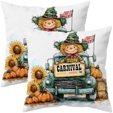 Imagem de Puacino Conjunto de 2 capas de almofada de outono 45,7 x 45,7 cm, decoração de carnaval rústica com girassol e abóbora dupla face, caminhão vintage com espantalho, outono fazenda, para sofá, varanda