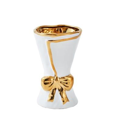 Imagem de Ottalent Vaso de cerâmica branca com laço dourado, vaso de flores com design de embrulho de buquê, vaso decorativo para casa, quarto, escritório, sala de estar, banheiro, decoração de mesa, peça