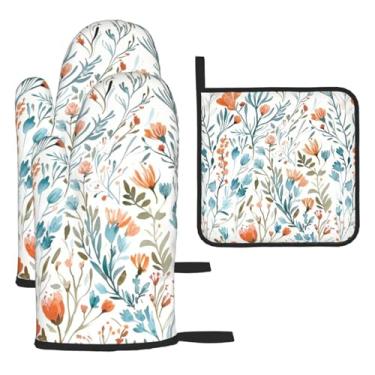 Imagem de Conjunto de 3 luvas de forno florais em aquarela azul-petróleo e suportes de panela, resistentes ao calor, antiderrapantes, laváveis, presentes de cozinha para cozinheiros, para mulheres, padarias