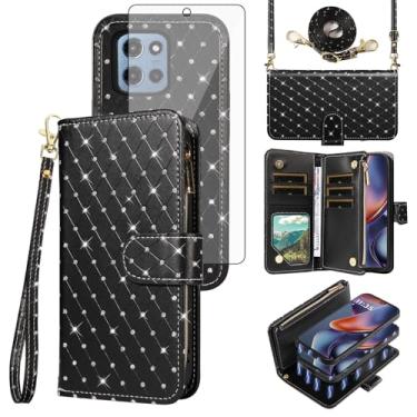 Imagem de Asuwish Capa de celular para Motorola Moto G 5G 2025 com zíper carteira magnética destacável com protetor de tela, alça transversal com cordão de glitter, compartimentos para cartão G5G 5 G G5