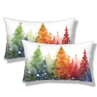 Imagem de NOCTILYRA Capas de almofada lombar para árvore de Natal em aquarela 30 x 50 conjunto de 2 fronhas curtas de pelúcia de pinheiro inverno neve floresta retangular fronhas decorativas para sofá de cama