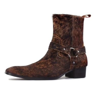 Imagem de OSSTONE Bota masculina Chelsea de couro com cabelo de pônei Chukka com salto lateral com zíper lateral OS-JY021-B-R marrom natural, Marrom natural, 11 US