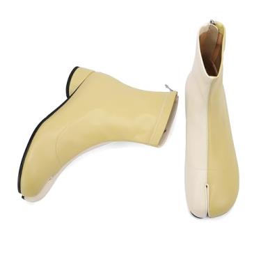 Imagem de Cuctos Botas femininas com bico dividido no tornozelo Tabi Japanese Ninja sapatos de salto baixo grosso, botas de couro artificial elástico com zíper nas costas, bege e amarelo, 39