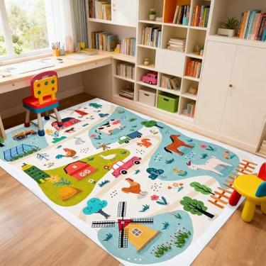 Imagem de Lacomfy Tapete infantil para brincar de 1,2 x 1,8 m de fazenda, animais de fazenda, para sala de jogos, antiderrapante, lavável, tapete educativo, estampa de animais, tapete de fazenda para quarto