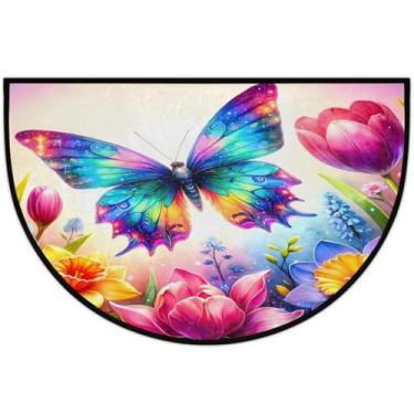 Imagem de Skerhhux Tapete de porta meio redondo com flor de borboleta arco-íris, antiderrapante, macio, semicírculo, lavável, meia lua, capacho de entrada de boas-vindas para uso externo, interior, quarto